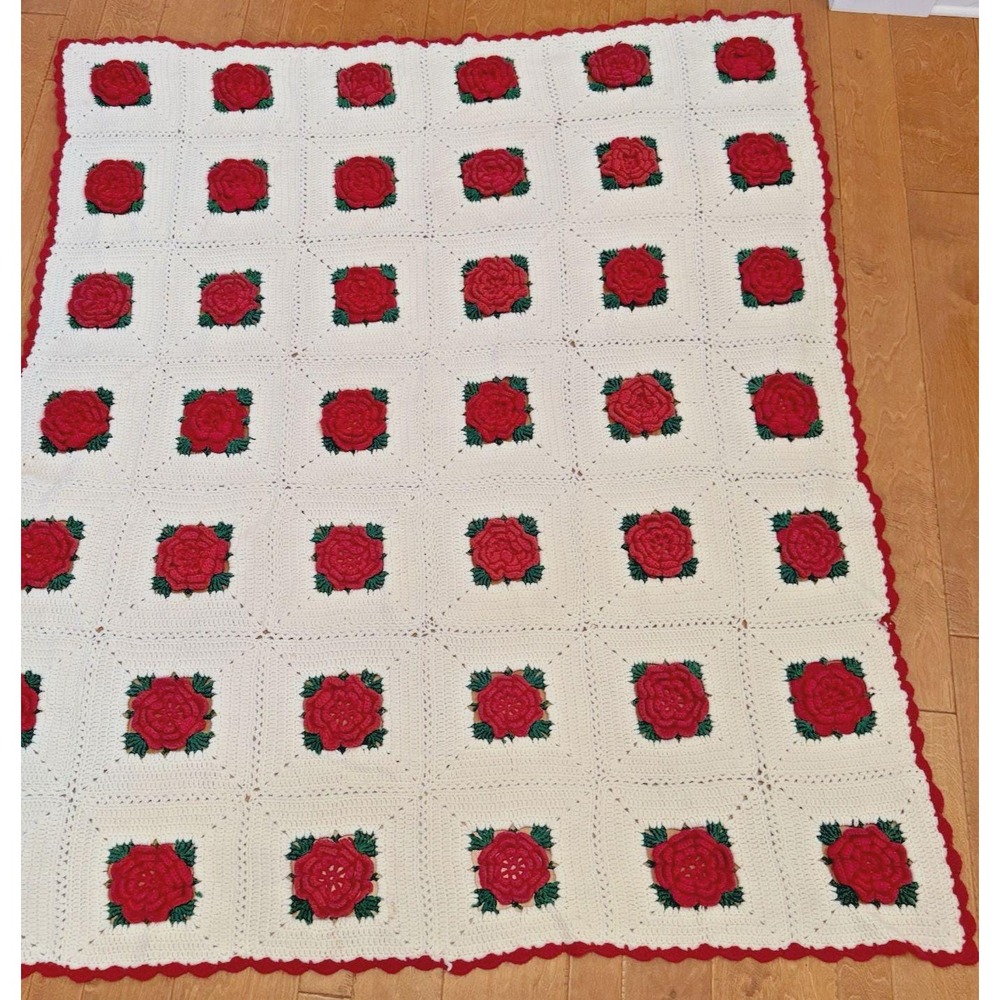 Vtg Granny Square Crochet Afghan Quilt Blanket 3D Rose 72" x 62" Handmade